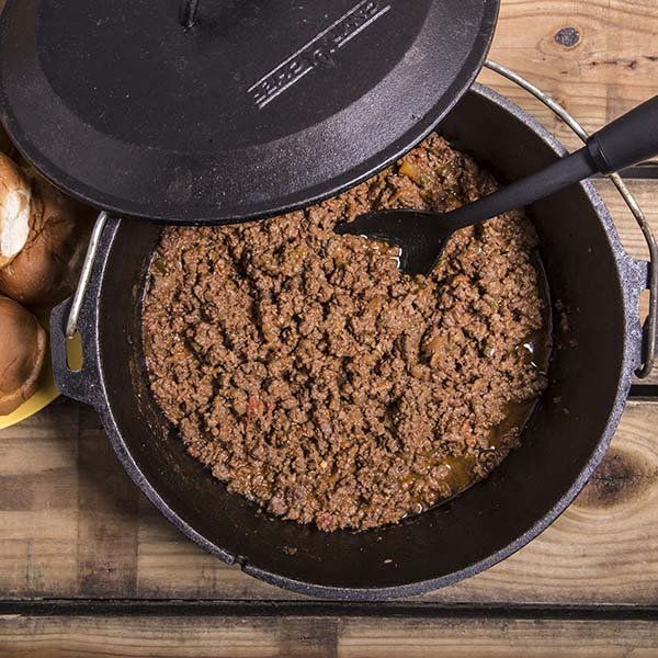 This is a delicious Dutch oven sloppy joe recipe that can be made on most any heat source. Just brown the meat and veg, add the other ingredients and simmer for about an hour. DELICIOUS!