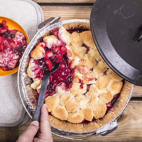 This cobbler is easy at the campsite because it uses refrigerated biscuit dough.