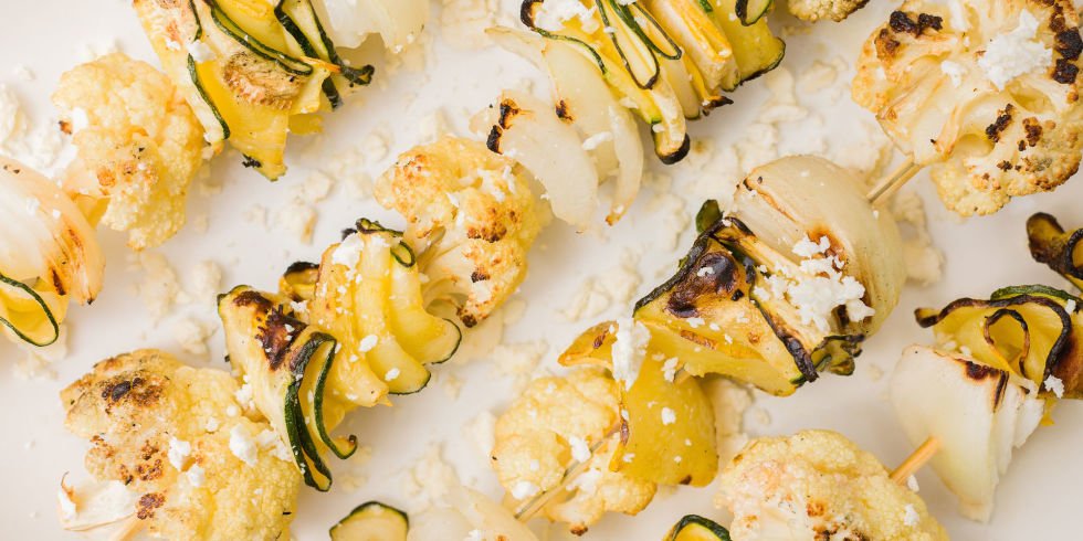 Click here to see Delish's recipe forZucchini and Cauliflower Skewers with Feta</a
