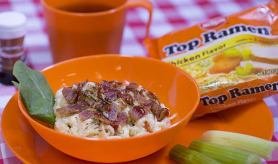 50 Campfires Nissin Top Ramen 'n Cheese recipe with bacon