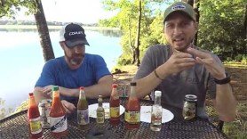 Clint and Nick set up to taste a variety of hot sauce brands collected during the Field Trip Great River Road.
