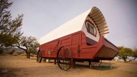 A glamping option at Nevada's Sandy Valley Ranch is a specially built covered wagon.