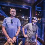 Nick and Clint clowning around in the glass elevator at Bass Pro Shops at the Pyramid, Memphis, Tennessee