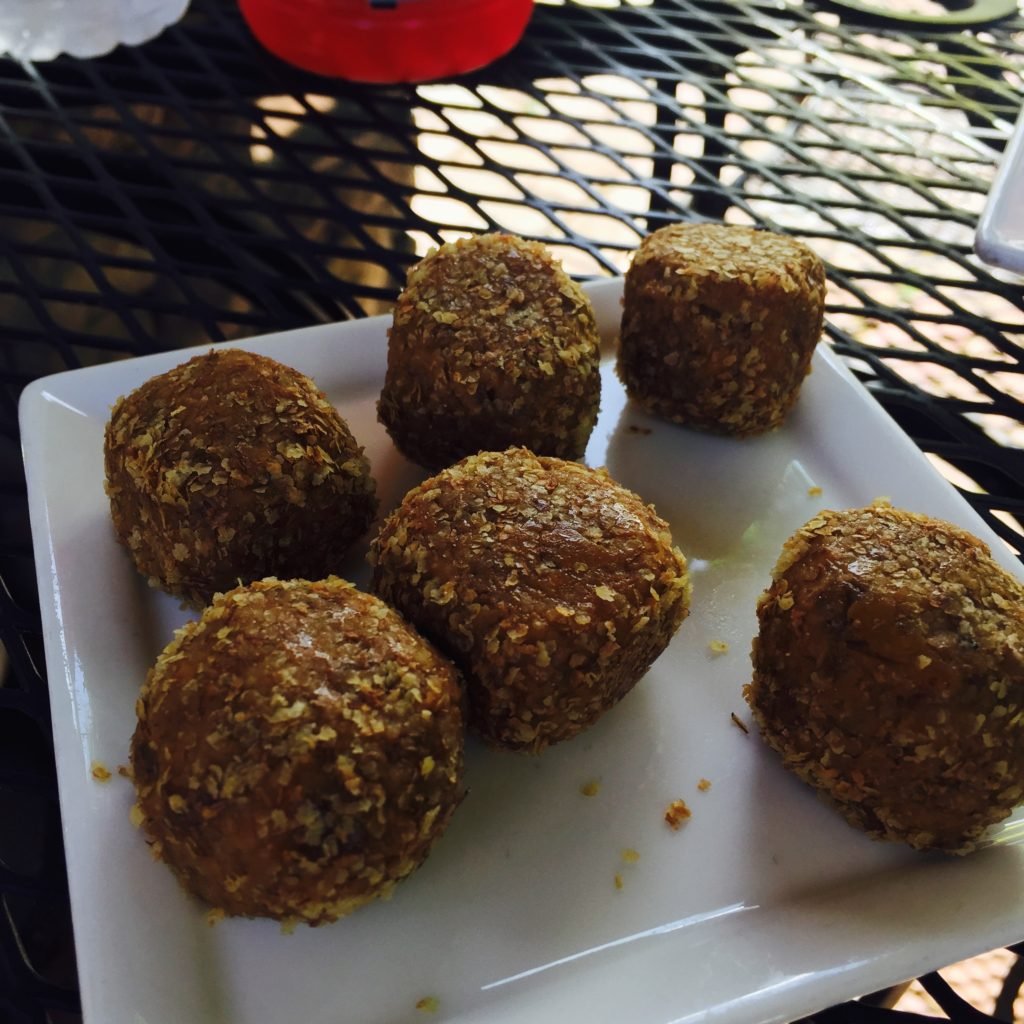 The infamous peanut butter balls at the Bike Stop Cafe. They're GREAT. I tried everything short of a headlock to get the recipe from Jodi and she wouldn't budge. Sorry. You'll have to get there and eat one.