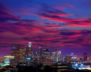 Downtown LA night Los Angeles sunset colorful skyline California