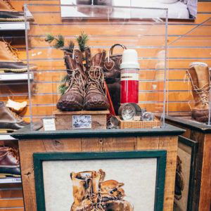 Historial display of early Maine Hunting Shoes -- the product that launched L.L. Bean.