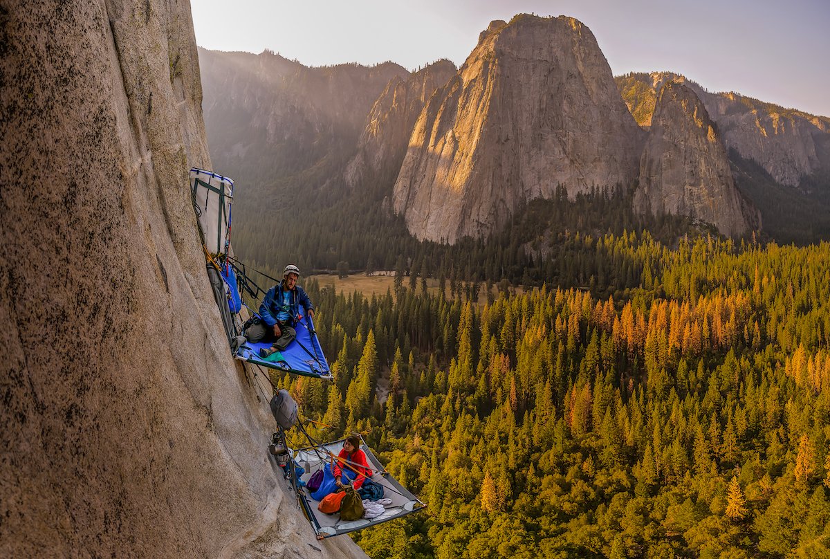Two rock climbers on portaledges on triple direct, El Capitan, Yosemite Valley, California, USA